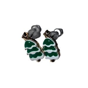 NWT Cute Goldtone, Green And White Enamel Christmas Tree Stud Earrings